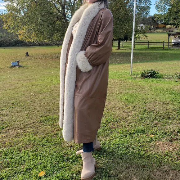 STAVROS Vtg Penny Lane Leather Coat Fox Fur Trim 80s - Picture 15 of 16